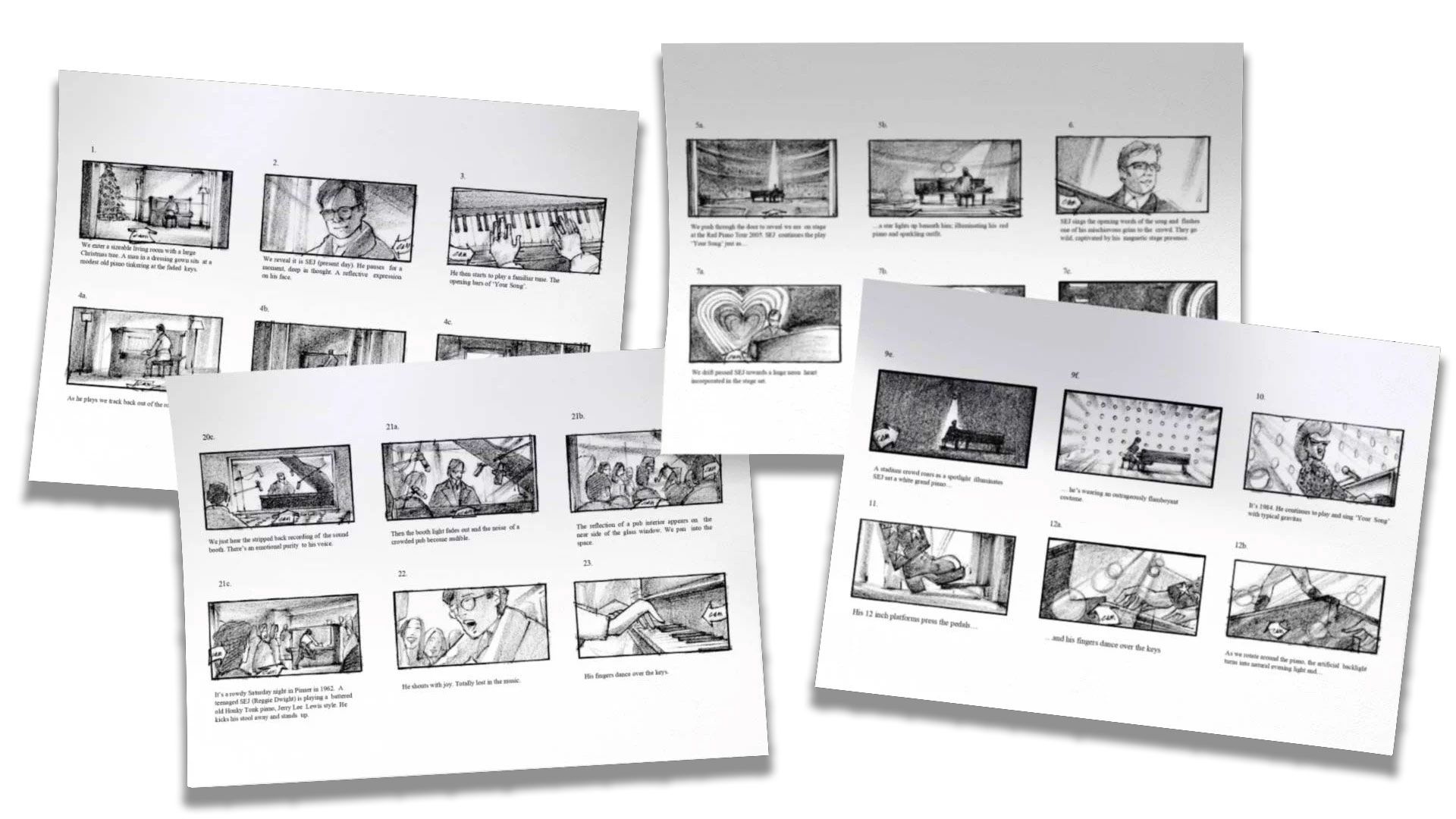 Sheets of paper showing sketched storyboard ideas for the advert