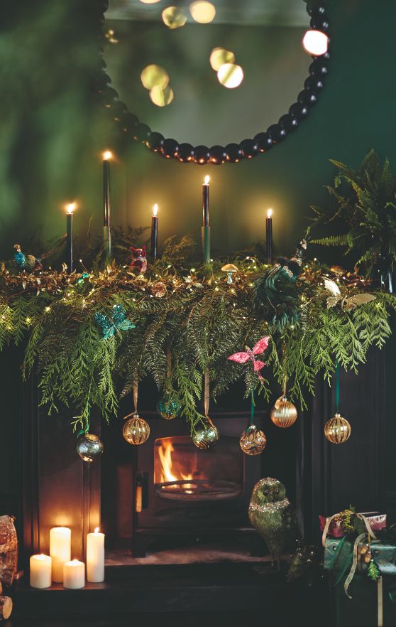Mantelpiece evergreen decorations