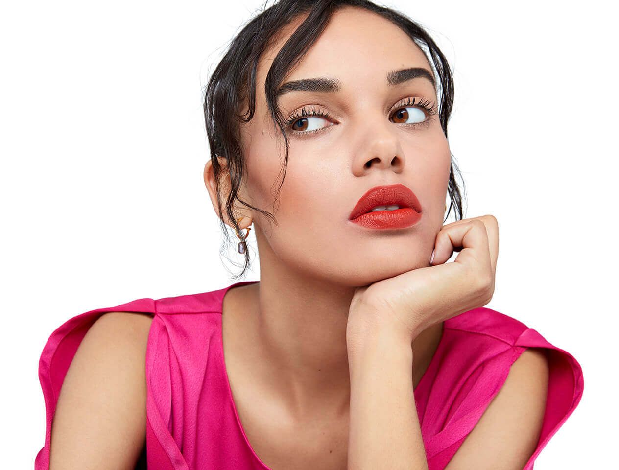 Model wearing matte lipstick