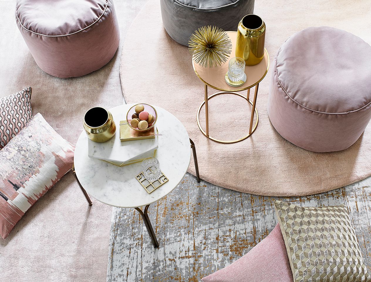 Pink footstools and cushions