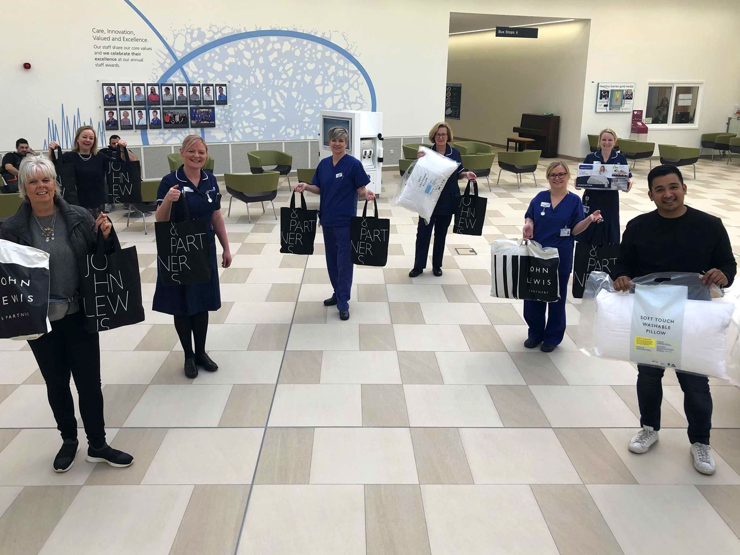 Matrons at the Royal Papworth Hospital receiving pillows, eye masks, phone chargers, air mattresses, makeup, water bottles, hand cream and plenty more from John Lewis & Partners, Cambridge